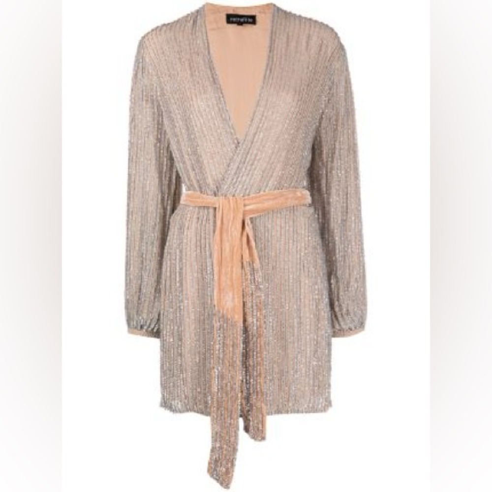 Retrofete Gabrielle sequin tie-waist dress cocktail vneck wrap long sleeve mini